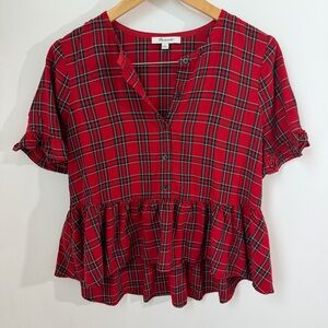 Madewell Red Plaid Peplum Top Button Front Ruffle Sleeve Blouse Small